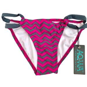 Aq-Wa Hot Pink & Grey Chevron String Bikini Bottoms Small NWT